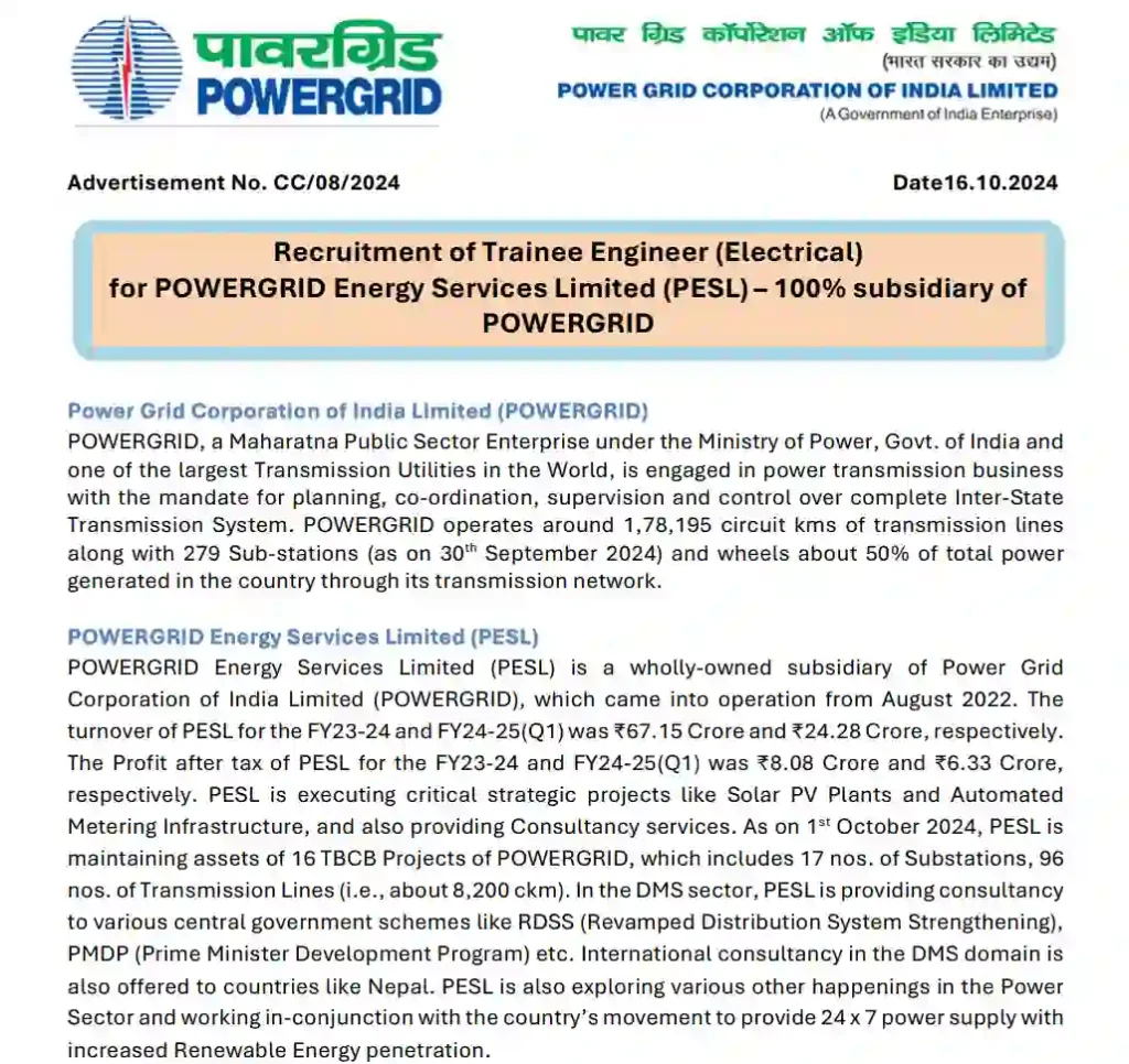 PGCIL Trainee Supervisor Vacancy 2024